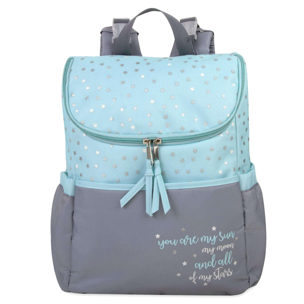 Baby Essentials 15.5”L 5 Piece Multi-Pocket Diaper Bag Backpack with Matching Changing Pad, Wipes Case, Insulated Bottle Bag & Organizer Pouch for Newborns, Infants & Toddlers in Blue & Gray Stars