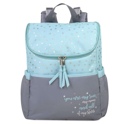 Baby Essentials 15.5”L 5 Piece Multi-Pocket Diaper Bag Backpack with Matching Changing Pad, Wipes Case, Insulated Bottle Bag & Organizer Pouch for Newborns, Infants & Toddlers in Blue & Gray Stars