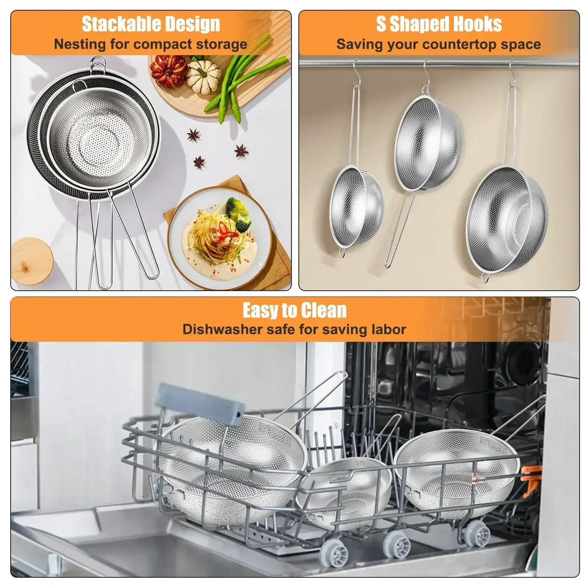 VeSteel Colander Set of 3, Stainless Steel Micro-Perforated Colanders Strainers for Draining Rinsing Washing, Ideal for Pasta Vegetables Fruits, Heavy Duty & Dishwasher Safe