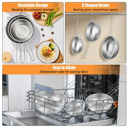 VeSteel Colander Set of 3, Stainless Steel Micro-Perforated Colanders Strainers for Draining Rinsing Washing, Ideal for Pasta Vegetables Fruits, Heavy Duty & Dishwasher Safe