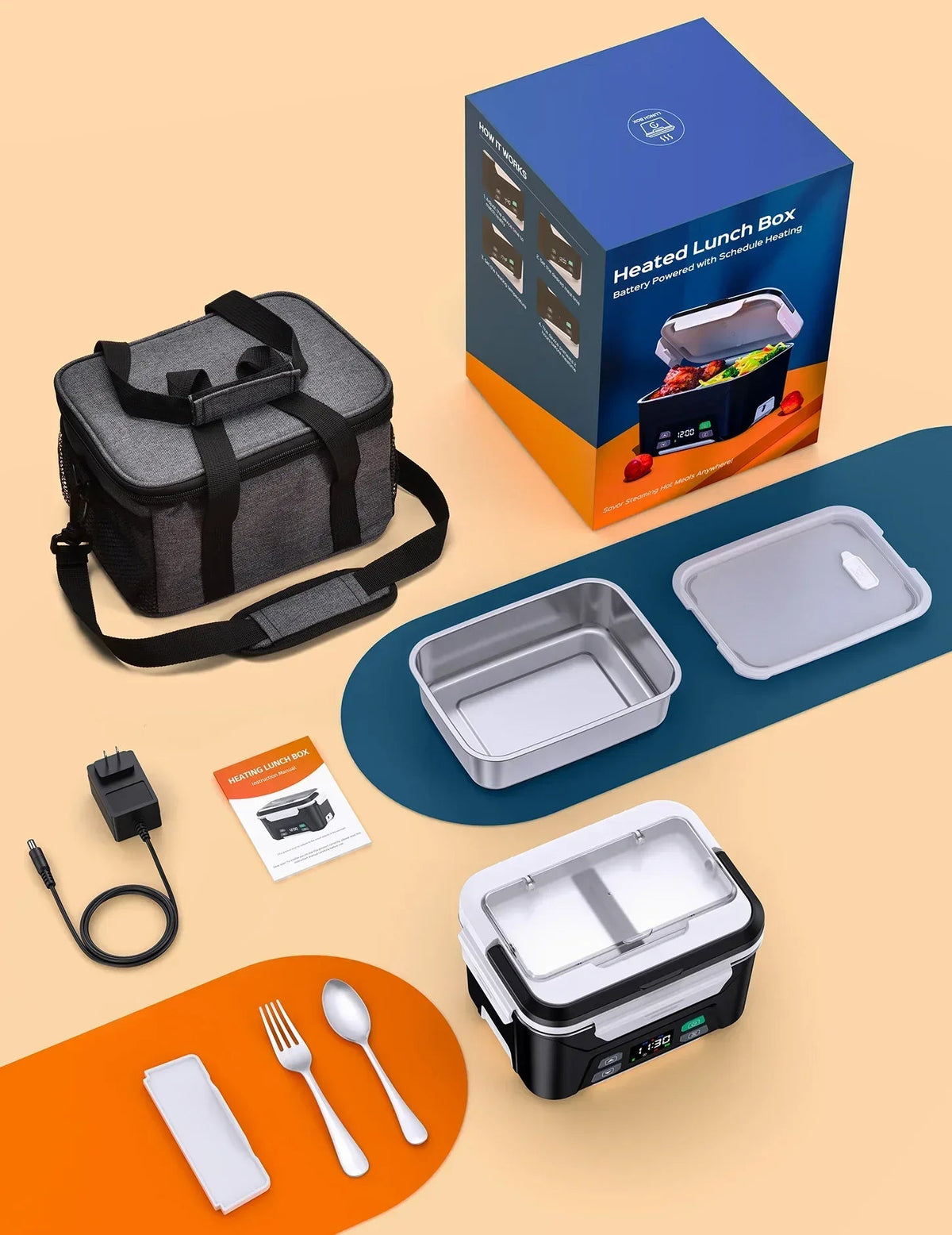 Cordless Electric Lunch Box, Heated Lunch Box Battery Powered with Automatic Scheduled Heating, 5.5 Cups Capacity, with Removable Tray Divider, Dishwasher Safe, for Hot Meals Anywhere