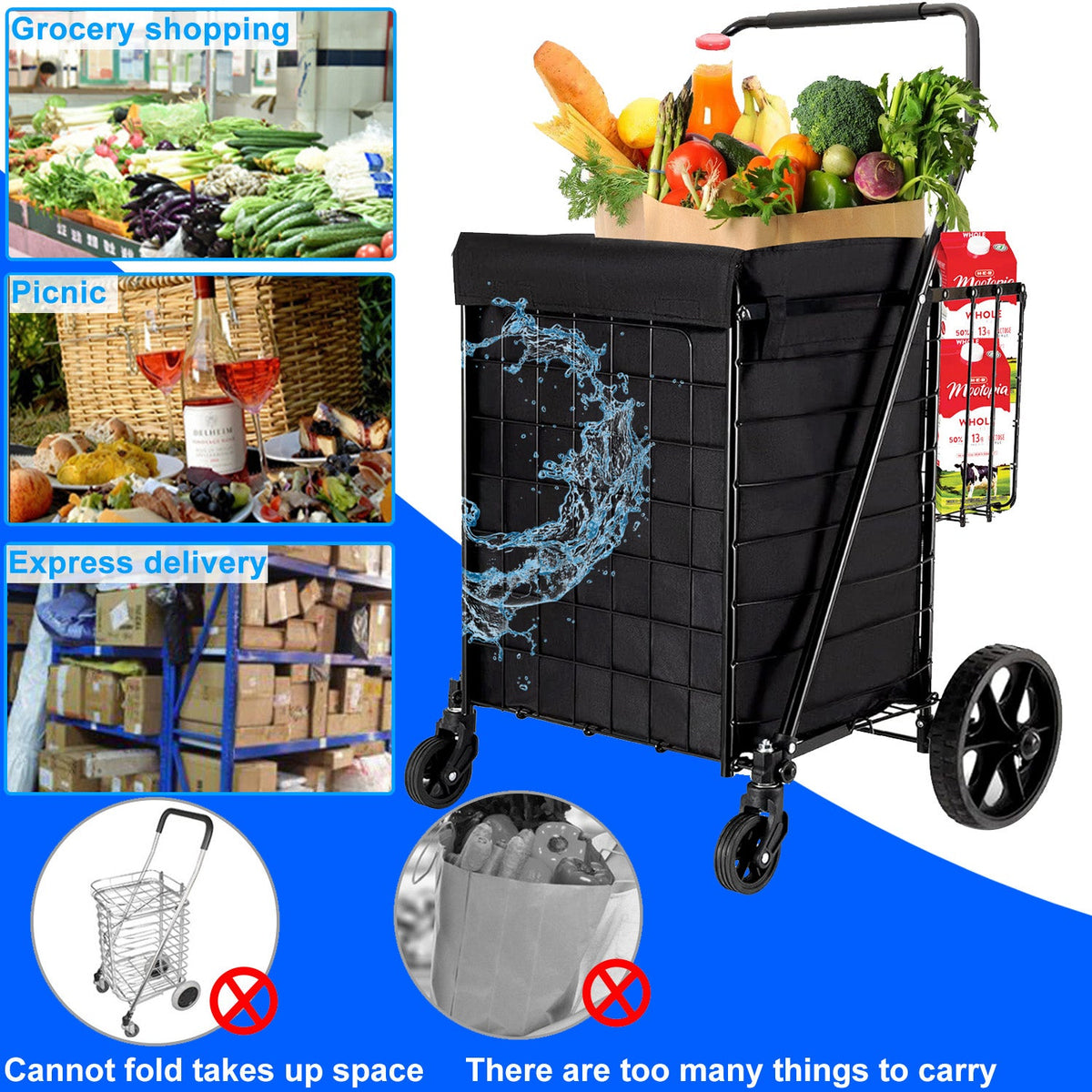Folding Shopping Cart, Heavy Duty Grocery Cart with Removable Basket, 360° Rolling Laundry Cart & Lightweight Trolley for Shopping, Grocery, Laundry, Supermarket, Camping, Outdoor, Beach