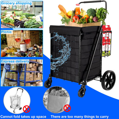 Folding Shopping Cart, Heavy Duty Grocery Cart with Removable Basket, 360° Rolling Laundry Cart & Lightweight Trolley for Shopping, Grocery, Laundry, Supermarket, Camping, Outdoor, Beach