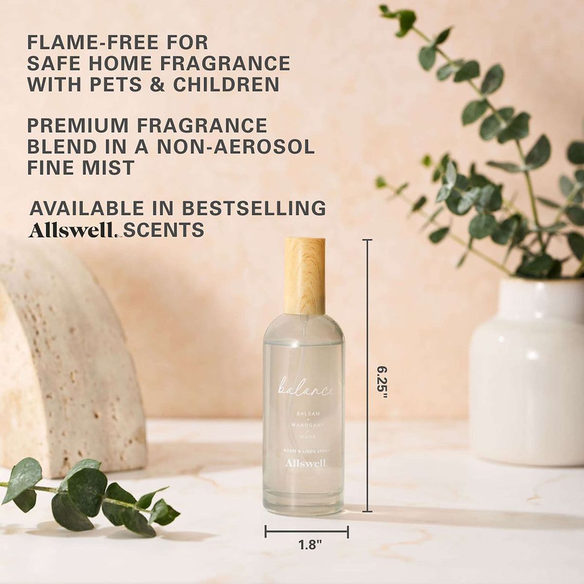 Allswell Balance (Balsam + Mahogany + Musk) Scented Room and Linen Spray 3.4 Fl Oz (100mL).