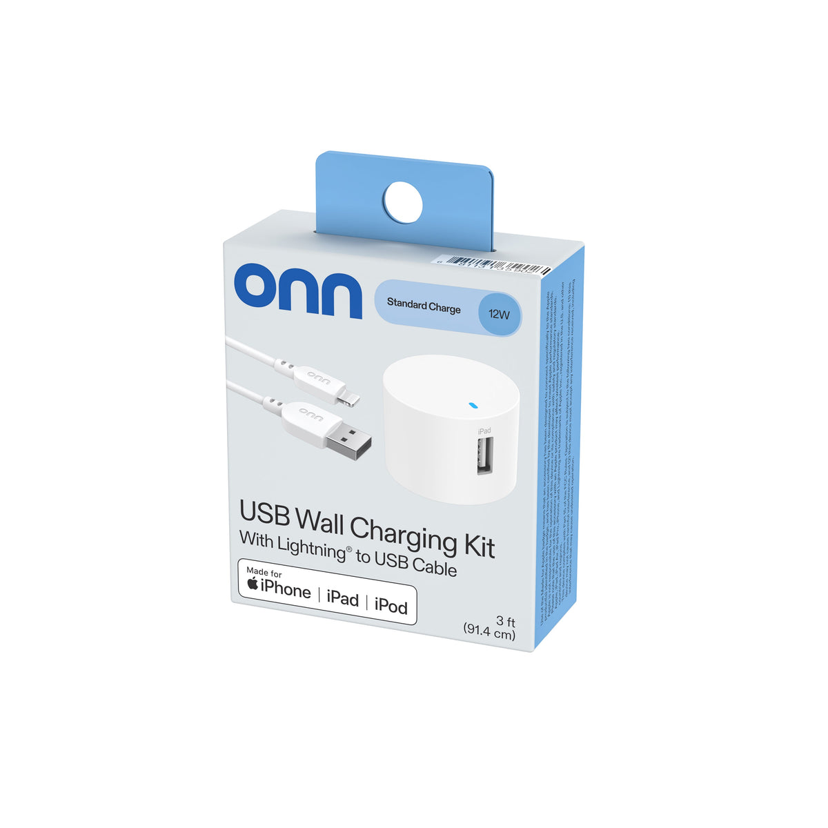 onn 12W Single USB-A Port Wall Charger with 3ft Lightning to USB Cable, MFI Certified Foldable Plug, White - Compatible with iPhone 14/13/12/11/X/XR/XS/8/7/6/5, iPad, Airpods and more