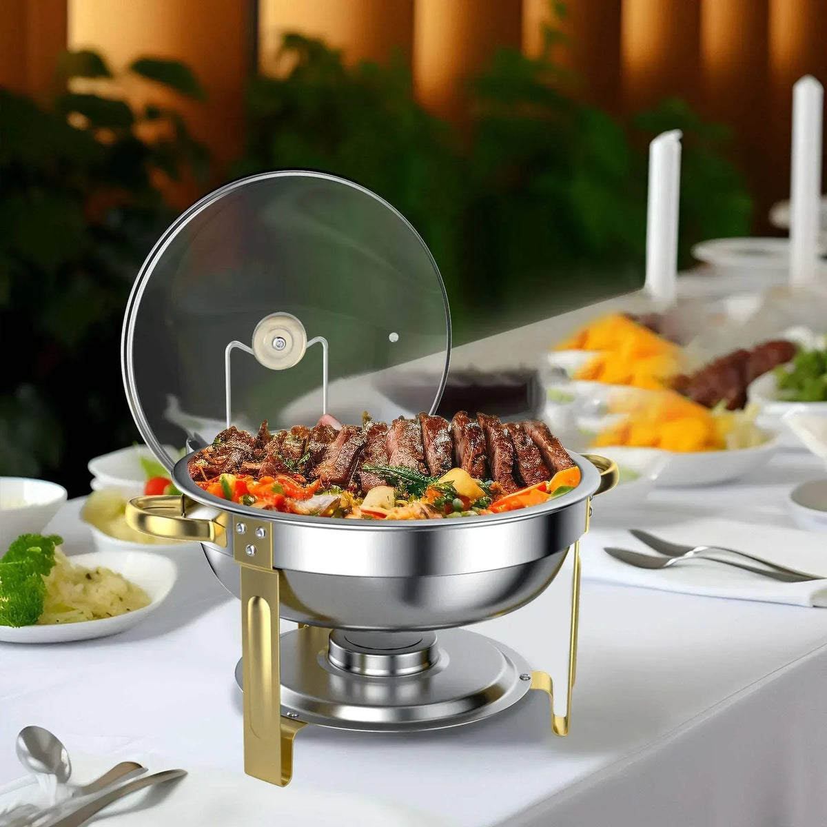 Chafing Dish Buffet Set 2 Pack: TINANA 5QT Stainless Steel Chafing Dishes with Glass Lid & Lid Holder, Round Food Warmers for Parties, Events, Wedding-Gold