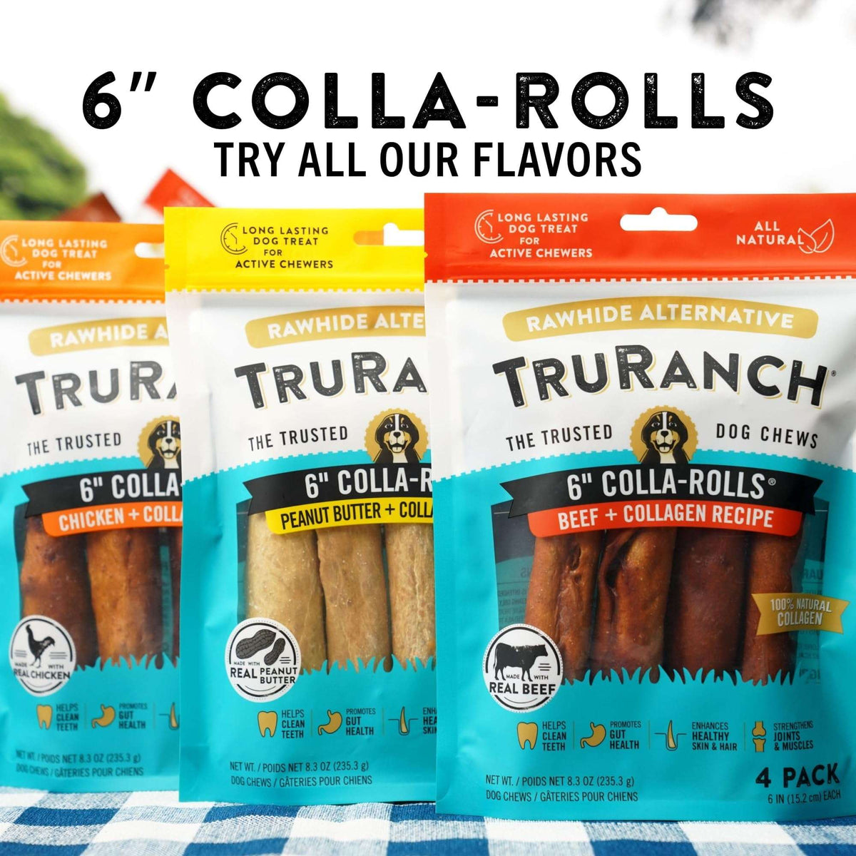 (5 pack) TRURANCH Collagen Rolls - 6" Collagen Rolls for Dogs - Long Lasting Healthy Joint Support Dog Treat - Rawhide Alternative - Skin & Coat Health - Made with Real Beef, 1 Bag, 4 Count