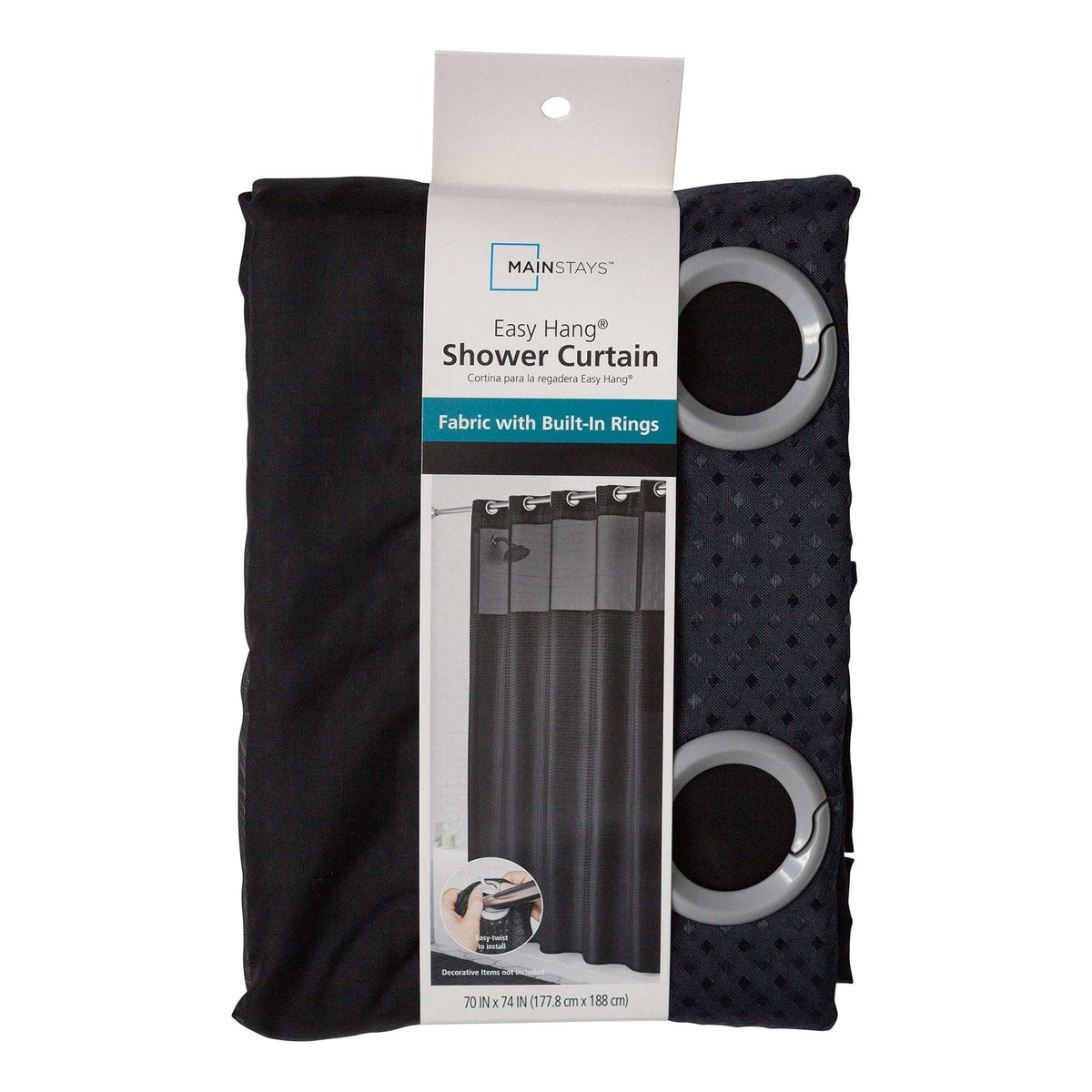 Mainstays Gemma Easy Hang Hookless Fabric Shower Curtain with Built-in Rings, 70" x 74", Black