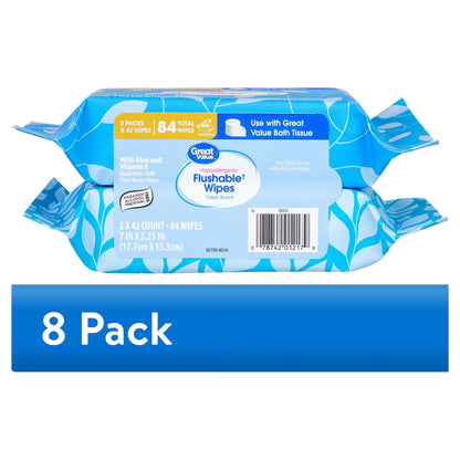 Great Value Fresh Scent Flushable Wipes, 2 Resealable Packs, 84 Total Flushable Wipes