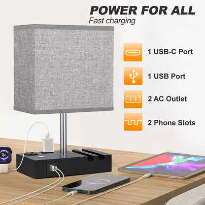 HadinEEon Bedside Table Lamps with 2 Phone Stands, Gray