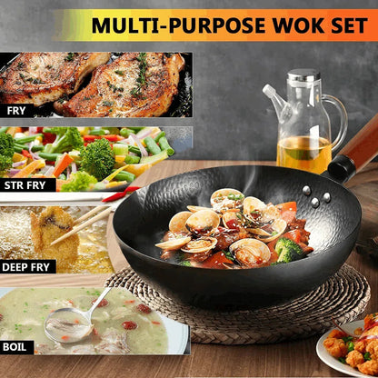 TAIMASI Carbon Steel Wok Pan, 14 Piece Woks & Stir-Fry Pans Set with Wooden Lid & Cookwares, Non-Stick Flat Bottom Chinese Woks Pan for Induction, 12.6''
