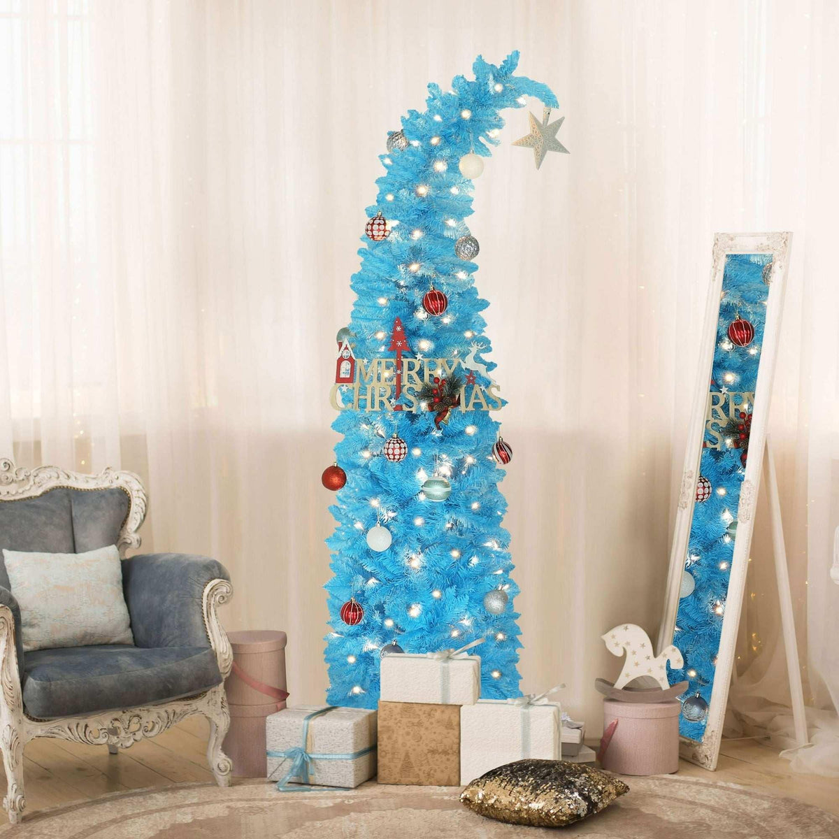 VEIKOUS 6ft Christmas Tree Crooked Neck, Pre-Lit Xmas Grinch Tree with 200 LED Lights & 536 Branch Tips, Bendable Top Christmas Slim Tree for Holiday Decor, Blue