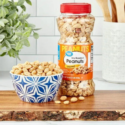 Great Value Dry Roasted and Unsalted Peanuts, 16 oz, Jar
