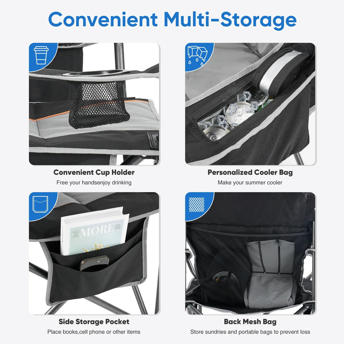 EDX Oversized Camping Folding Chair, Heavy Duty Padded Chair with Cup Holder Storage and Cooler Bag, 5000 LBS Steel Frame, Portable for Outdoor,Black Gray