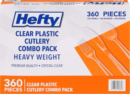 Hefty Wrapped Disposable Plastic Utensils Set, White Disposable Utensils for Picnics, BBQs, Camping, Parties, and More, Includes Forks, Spoons, and Knives