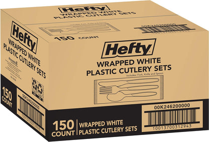 Hefty Wrapped Disposable Plastic Utensils Set, White Disposable Utensils for Picnics, BBQs, Camping, Parties, and More, Includes Forks, Spoons, and Knives
