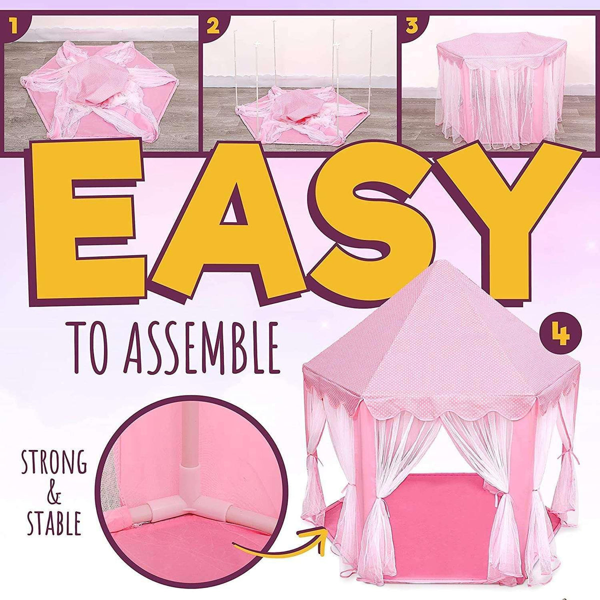 ORIAN Princess Castle Playhouse Tent for Girls with LED Star Lights – Indoor & Outdoor Large Kids Play Tent for Imaginative Games – Princess Tent, 230 Polyester Taffeta. Pink 55"x53".