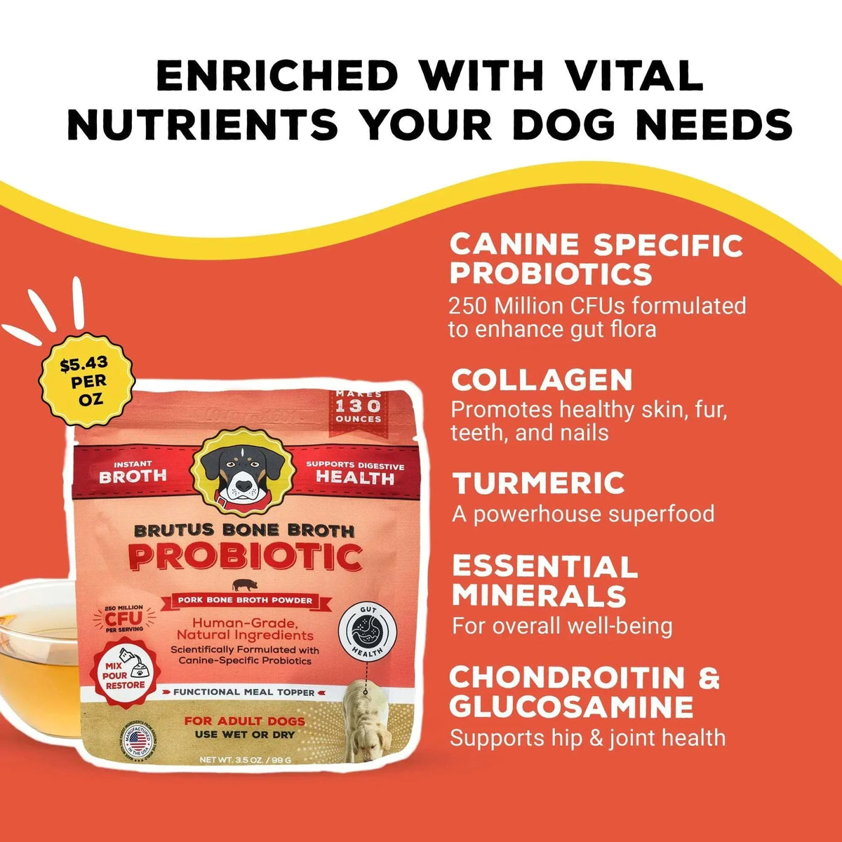 Brutus Bone Broth Probiotic Meal Toppers for Dogs Mega Pack (Pork) - Pet Food Topper - Bone Broth Powder Fortified - Pet Safe Human Grade Dog Food Topper - Makes Up to 130 Liquid Oz
