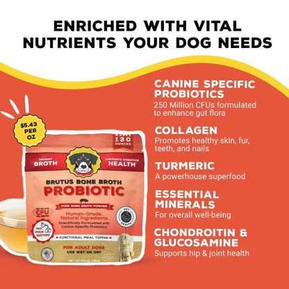 Brutus Bone Broth Probiotic Meal Toppers for Dogs Mega Pack (Pork) - Pet Food Topper - Bone Broth Powder Fortified - Pet Safe Human Grade Dog Food Topper - Makes Up to 130 Liquid Oz