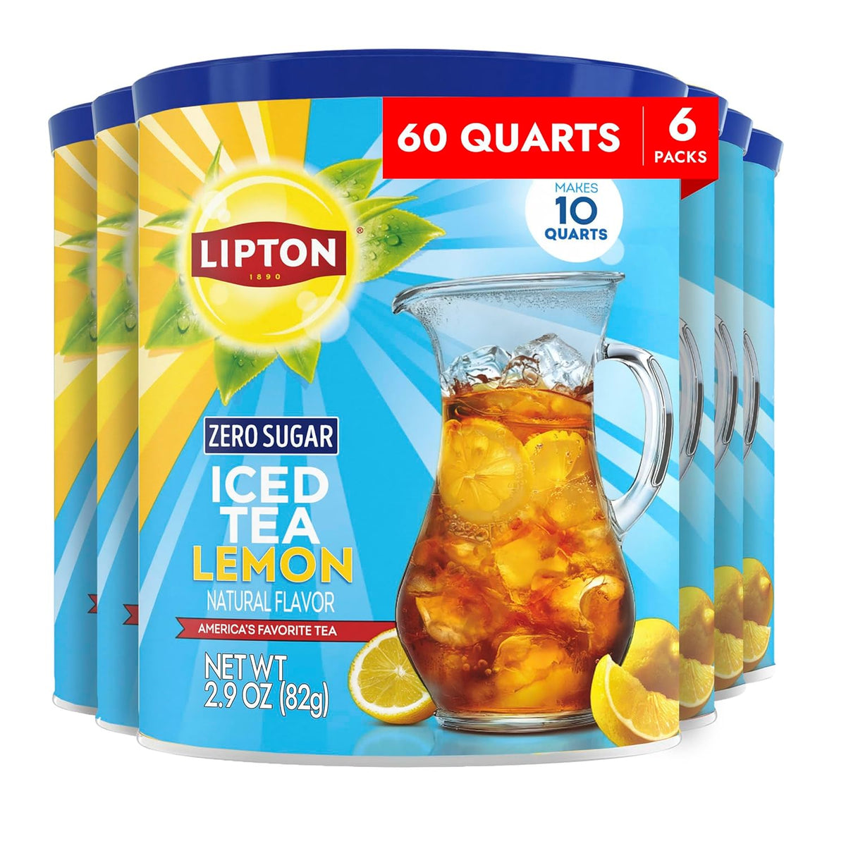Lipton Zero Sugar Lemon Iced Tea Mix 6-Pack Instant Tea Powder Makes 60 Quarts Total Black Tea with Lemon Flavor Sugar Free Refreshing Drink Mix for Cold Water Kosher