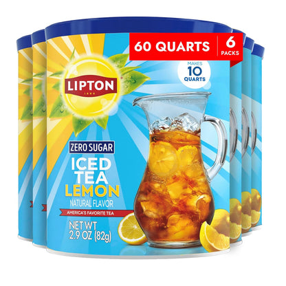 Lipton Zero Sugar Lemon Iced Tea Mix 6-Pack Instant Tea Powder Makes 60 Quarts Total Black Tea with Lemon Flavor Sugar Free Refreshing Drink Mix for Cold Water Kosher