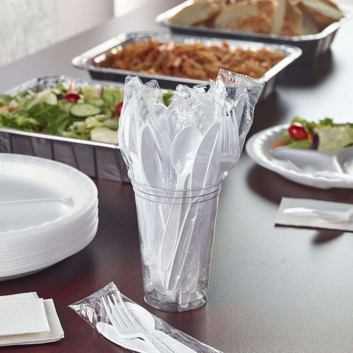Hefty Wrapped Disposable Plastic Utensils Set, White Disposable Utensils for Picnics, BBQs, Camping, Parties, and More, Includes Forks, Spoons, and Knives