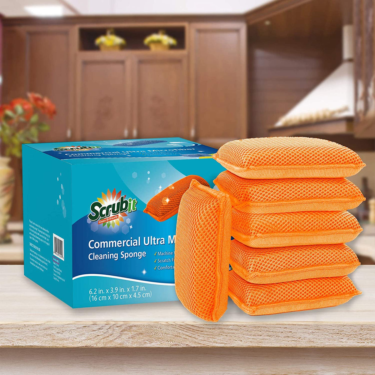 Miracle Microfiber Kitchen Sponge by Scrub-It - Non-Scratch Heavy Duty Dishwashing Cleaning sponges- Machine Washable- (Orange)