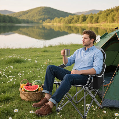EDX Oversized Camping Folding Chair, Heavy Duty Padded Chair with Cup Holder Storage and Cooler Bag, 5000 LBS Steel Frame, Portable for Outdoor,Black Gray