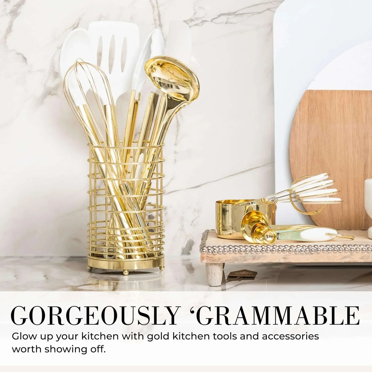 Styled Settings White and Gold Kitchen Utensils Set - 15-Piece Non-Scratch, White and Gold Utensils Set Includes White Silicone Cooking Utensils and White and Gold Measuring Cups and Spoons