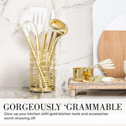 Styled Settings White and Gold Kitchen Utensils Set - 15-Piece Non-Scratch, White and Gold Utensils Set Includes White Silicone Cooking Utensils and White and Gold Measuring Cups and Spoons