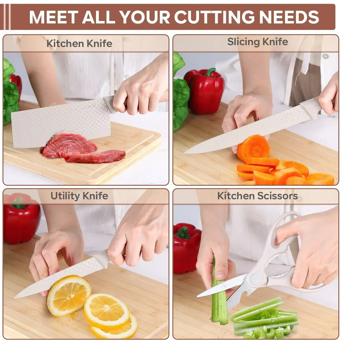 Vesteel Kitchen Knife Set of 7, Professional Stainless Steel Knives Set for Kitchen with Universal Knife Block - Khaki