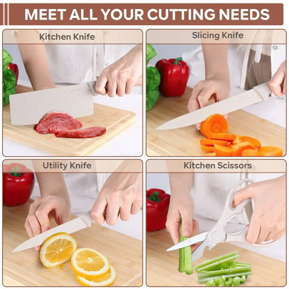 Vesteel Kitchen Knife Set of 7, Professional Stainless Steel Knives Set for Kitchen with Universal Knife Block - Khaki