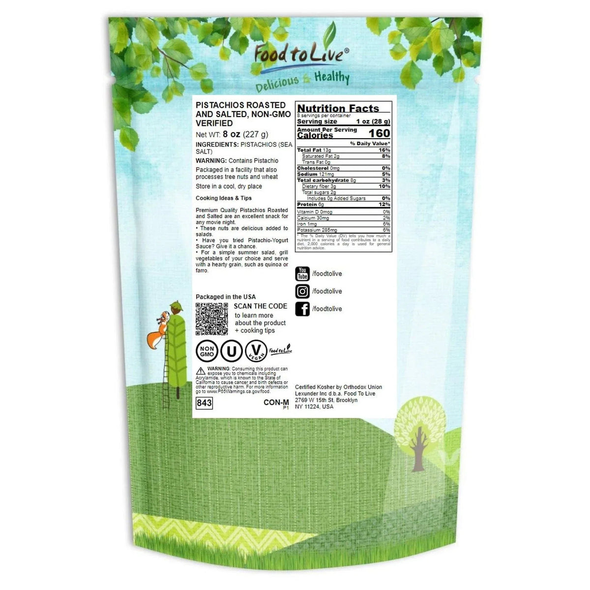 Pistachios Roasted and Salted, 0.5 Pounds - Kosher, Vegan - by Food to Live