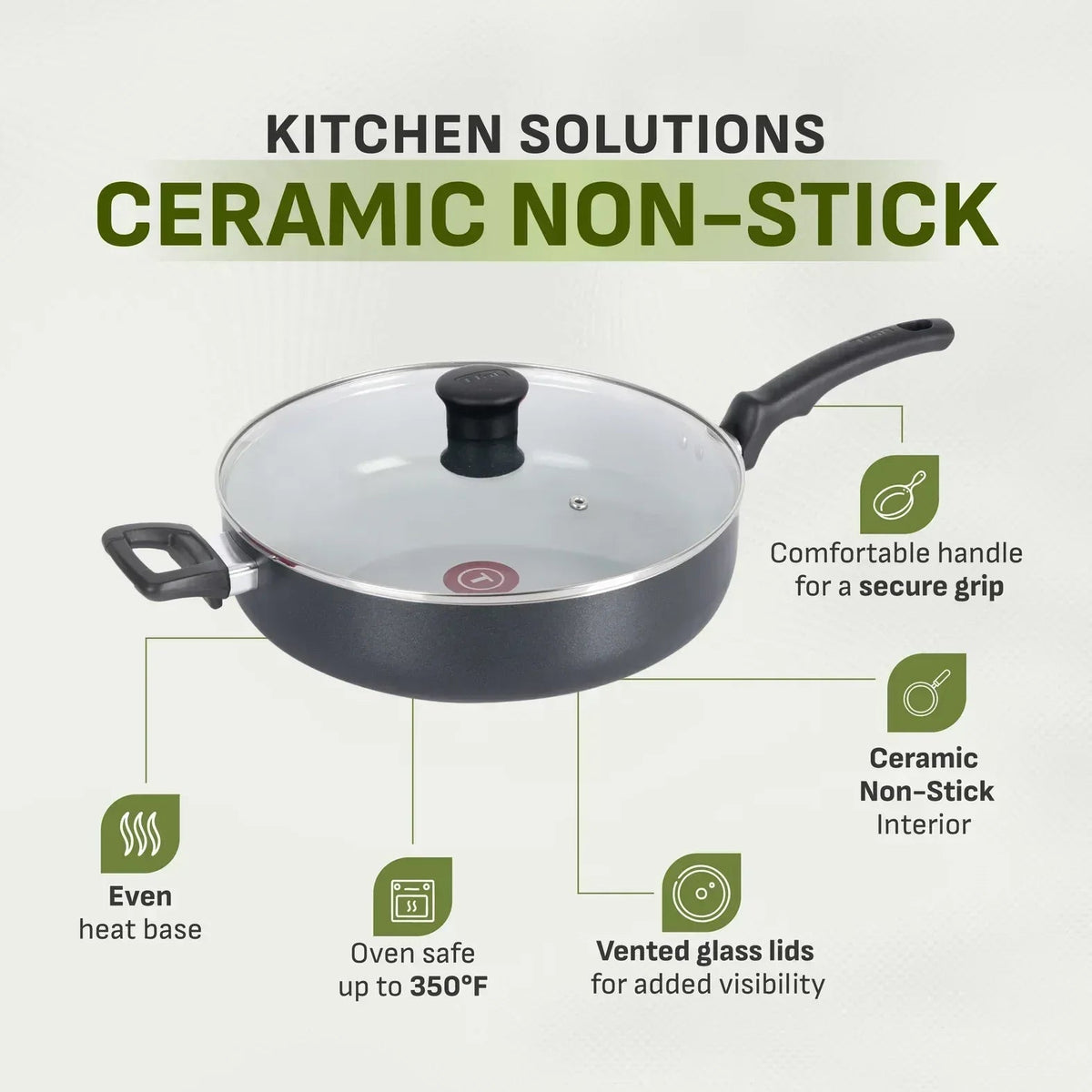 T-Fal Kitchen Solutions Black 5 Quarts Ceramic Non-Stick Jumbo Cooker Sauté Pan with Lid & Helper Handle