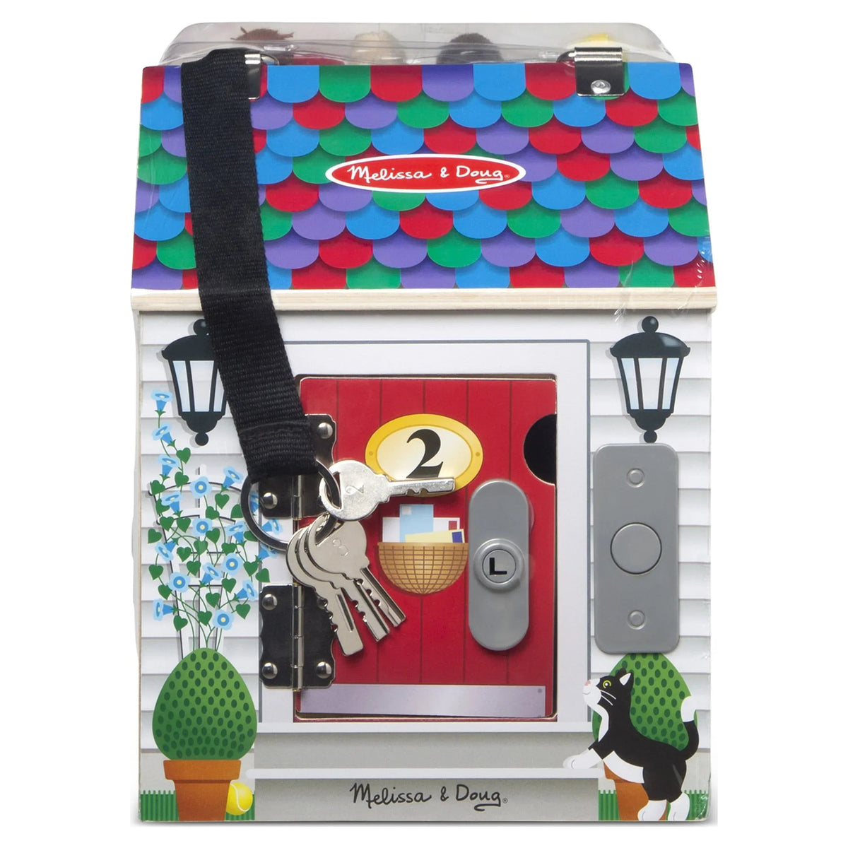 Melissa & Doug Take-Along Wooden Doorbell Dollhouse - Doorbell Sounds, Keys, 4 Poseable Wooden Dolls