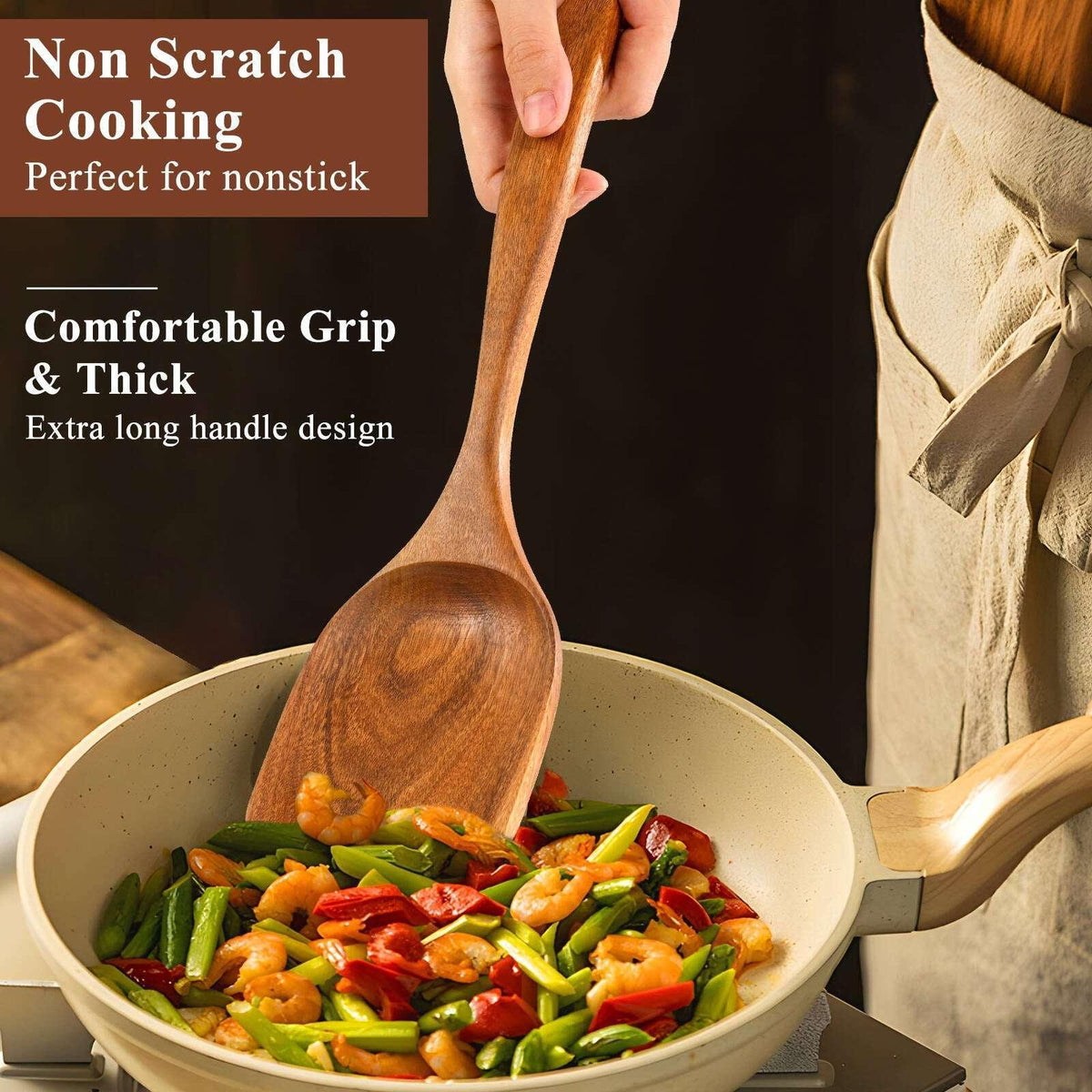 VAVSEA Thick Wooden Spoons for Cooking, 8 Pcs Natural Wooden Utensil for Cooking with Non-Stick, Heat Resistant, Wood Kitchen Utensil Set