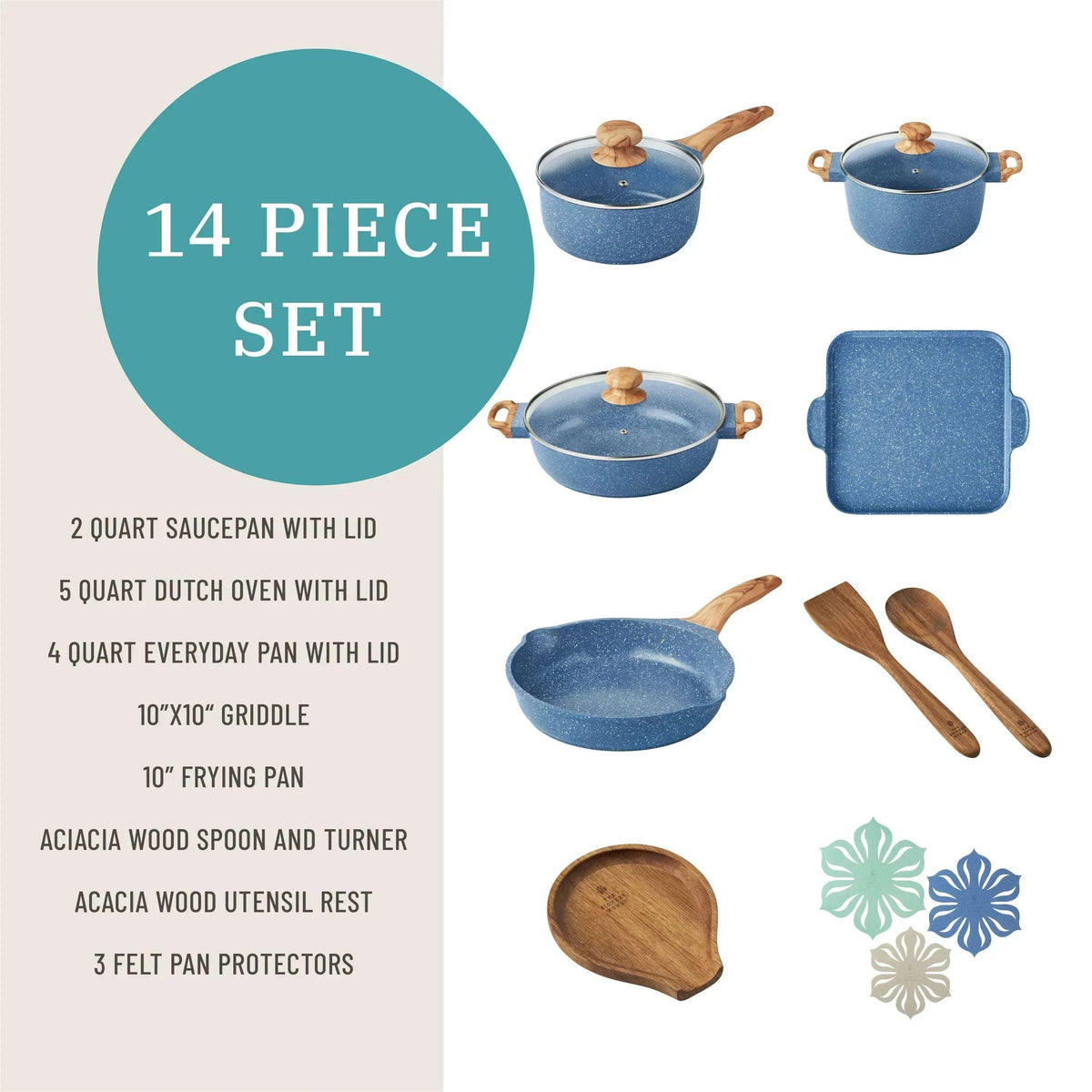 The Pioneer Woman Prairie Signature 14-Piece Cast Aluminum Cookware Set, Blue