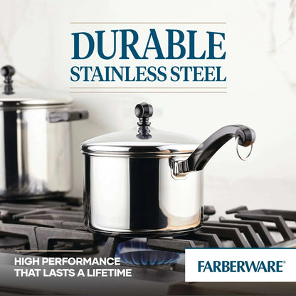 Farberware Classic Series 3 Quart Stainless Steel Sauce Pan with Lid, Induction Compatible, Metal Utensil and Dishwasher Safe, Stainless Steel