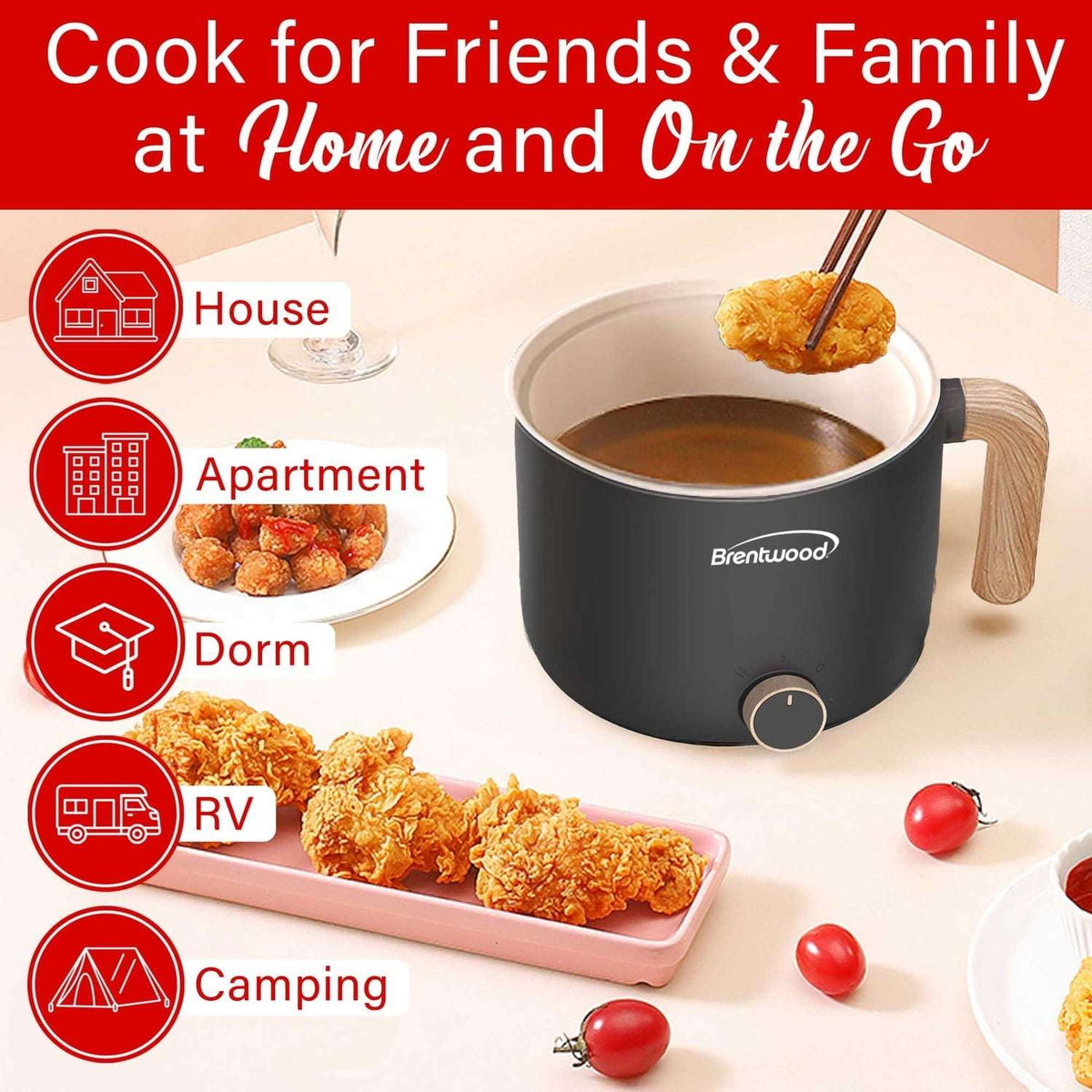 Brentwood 1.6-Qt. Multifunction Electric Ceramic Non-Stick Hot Pot Cooker with Stainless Steel Food Steamer (Black), HPS-3172BK