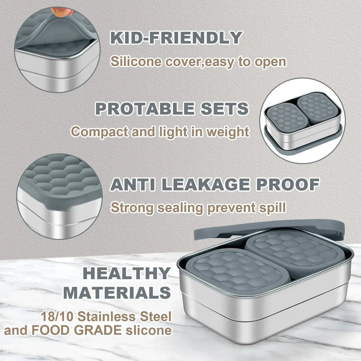 Vesteel Stainless Steel Lunch Container Set, Leak Proof Bento Box with Silicone Lids, Portable Metal Lunch Box for School and Daycare(25OZ + 8OZ*2), Grey