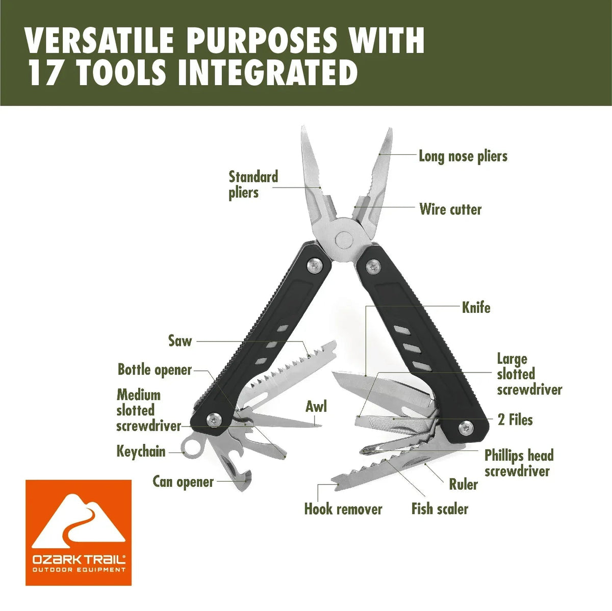 Ozark Trail 17-in-1 Multi tool, Stainless Steel, Black, Model 2119
