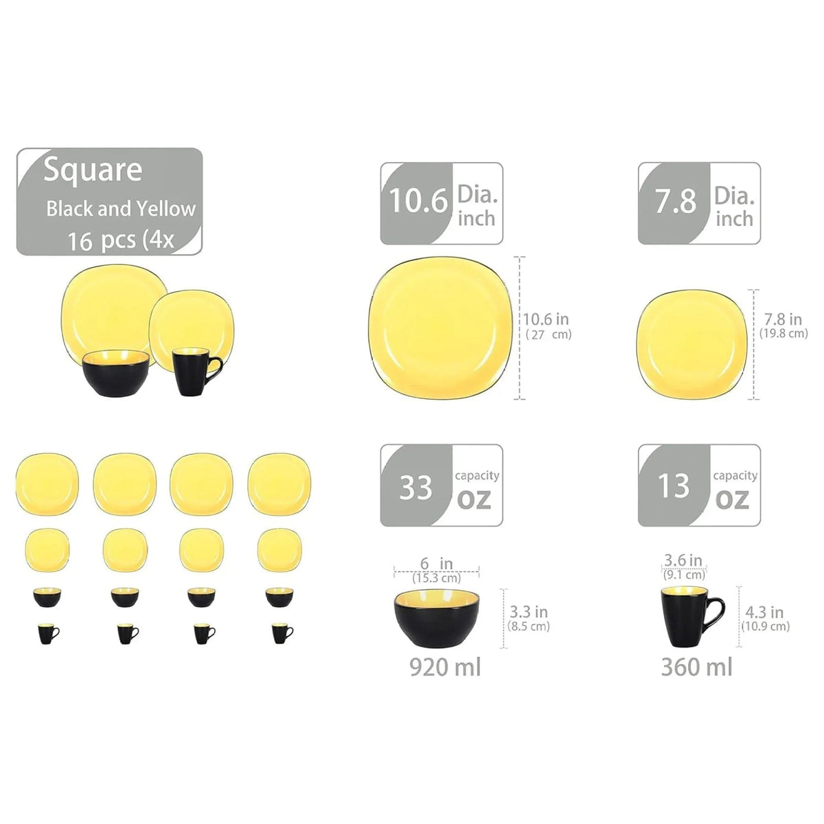 Square 16pc Dinnerware Set, Inside Shiny Yellow + Outside Matte Black