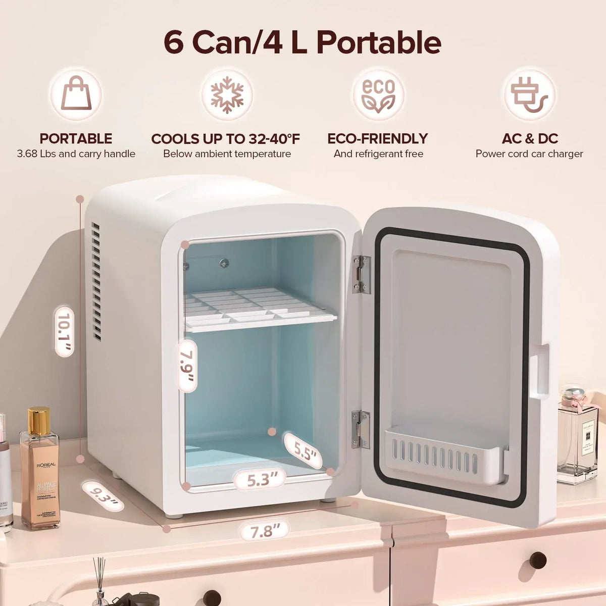 Auseo Mini Portable Fridge Personal, Countertop, 4L/6 Cans, Cooler Small Refrigerator, Front Door Stainless Steel, AC/DC, Option for Skincare, Makeup, Drinks, Dorm Room, White