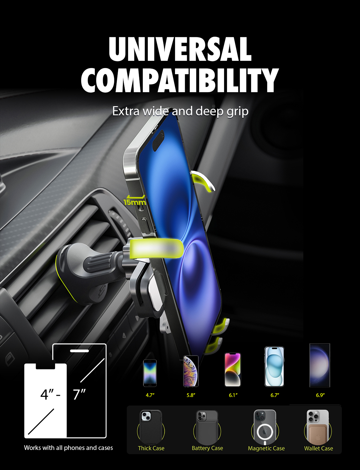 Bracketron AutoGrip Universal Vent Mount Car Phone Holder with Gravity Locking Design, One-Handed Place-to-Lock Operation, Fits Phones up to 3.75” Wide, Low-Profile Vent Mount,