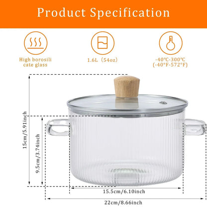 Glass Cooking Pot with Lid 1.6L/54oz Heat Resistant Glass Saucepan with Double Handles Non-Stick Borosilicate Glass Stovetop Pot Safe Clear Cooking Pot for Soup Milk Sauce Pasta Noodle