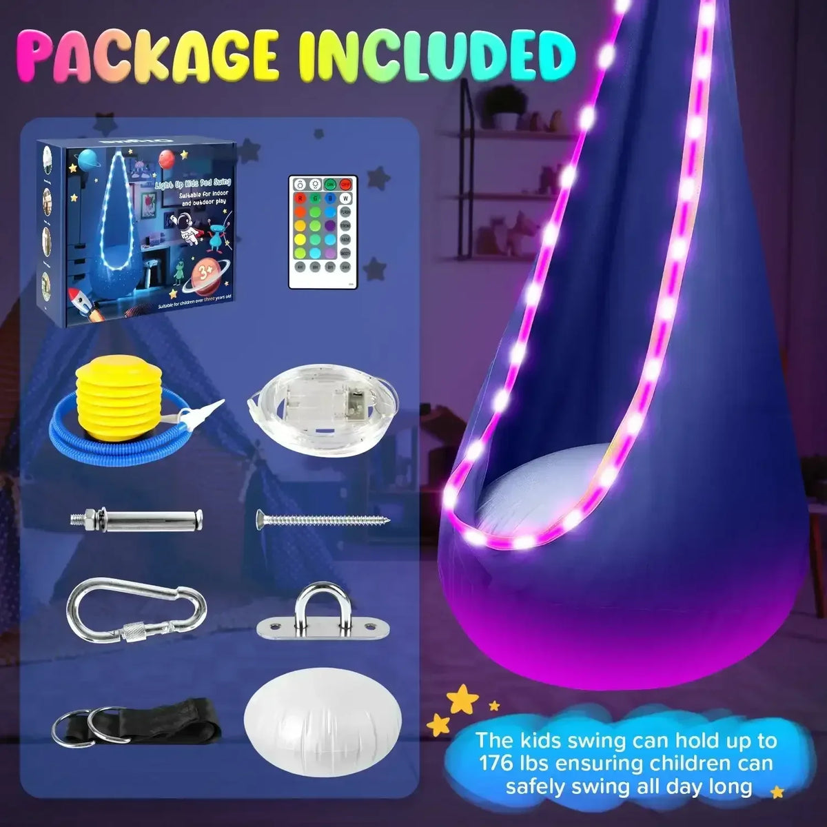UQN Kids Pod Swing Seat, Light Up Hanging Hammock Chair with Inflatable Pillow, Indoor and Outdoor Toy Sensory Swing for kids, 100% Cotton Loading Capacity 176 lbs