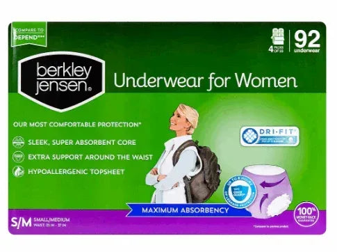 Berkley Jensen Incontinence & Postpartum Underwear for Women, Small/Medium, Maximum Absorbency, 92 Count