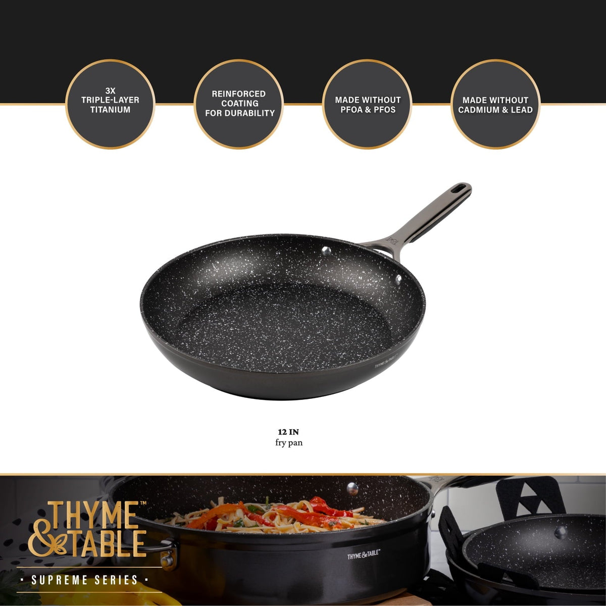 Thyme & Table 12" Fry Pan Non-Stick - Black, Supreme