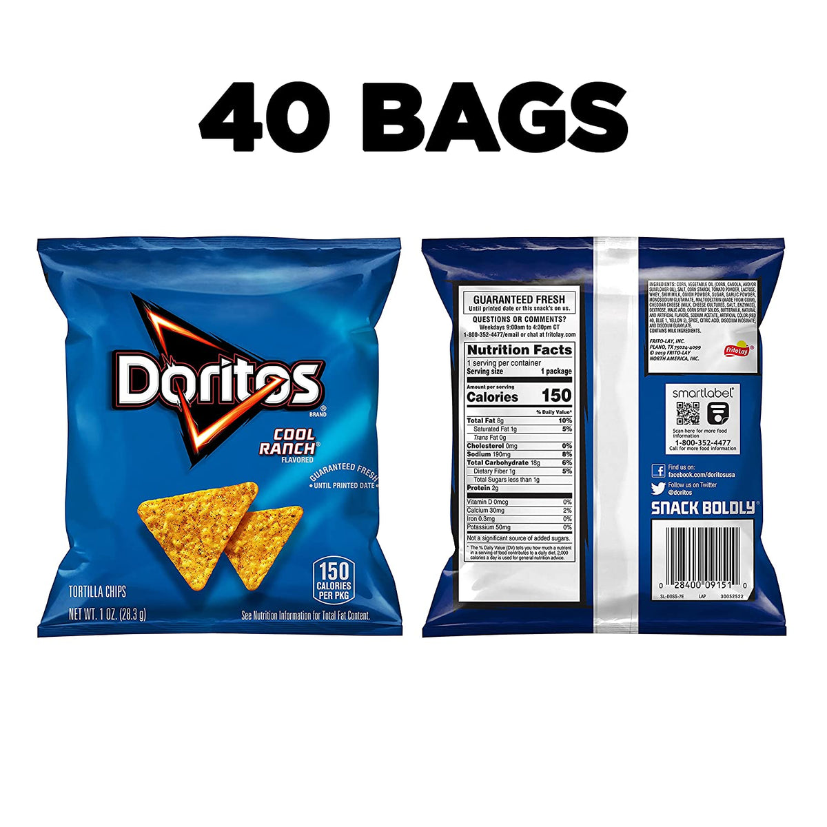 (Pack of 2) Doritos Cool Ranch Flavored Tortilla Chips Snacks Multipack, 1 oz Bags, 40 Count