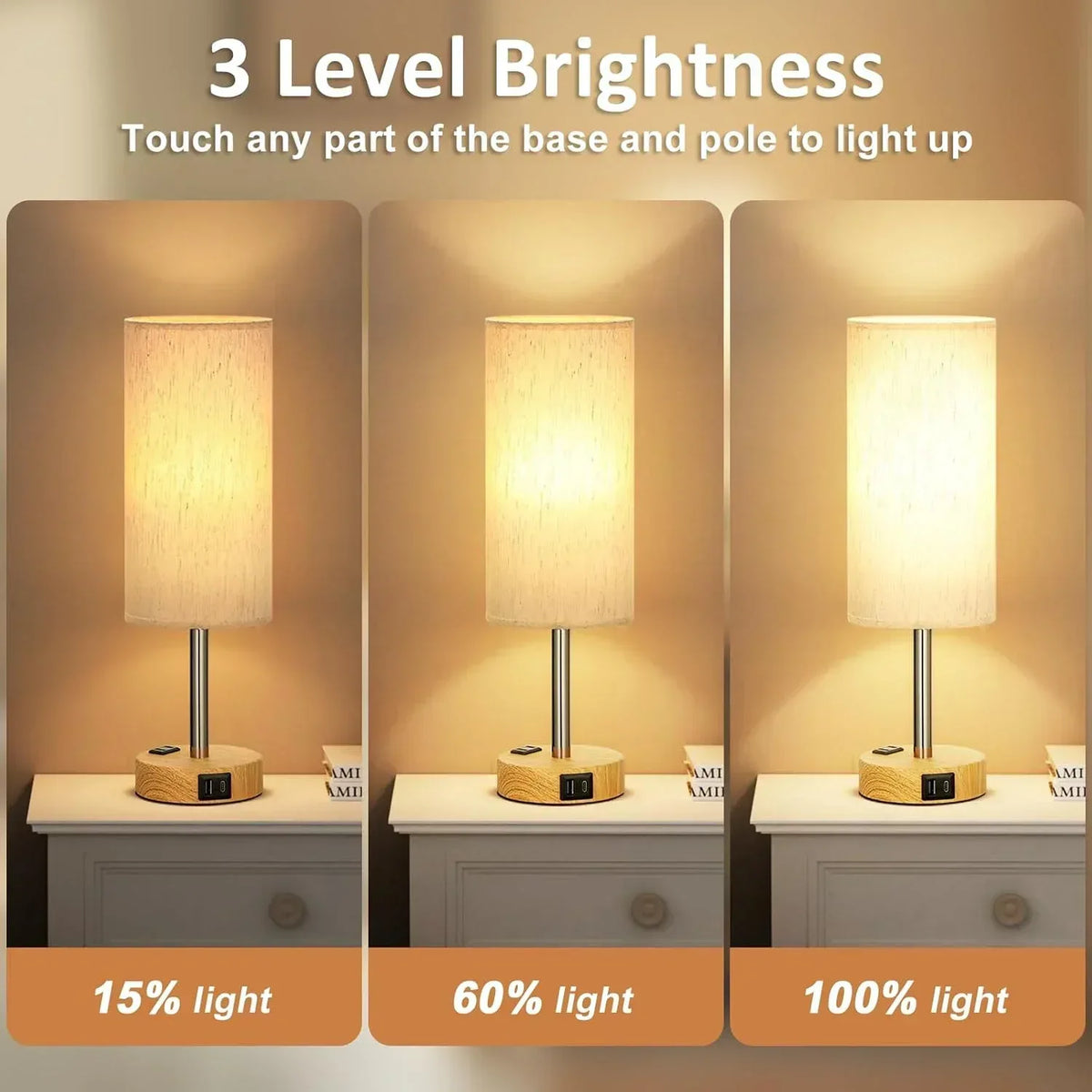 2PCS Small Touch Control Table Lamps for Bedroom, 3 Way Dimmable Bedside Lamp with USB C+A Fast Charging Ports, Nightstand Lamp for Office, Living Room, Reading, Bulbs Included, Wood